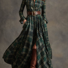 Green plaid button-up shirt dress with belt, long sleeves, chest pockets and slit