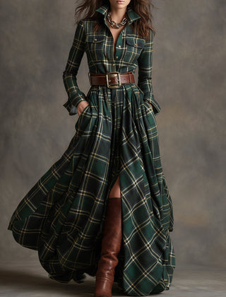 Green plaid button-up shirt dress with belt, long sleeves, chest pockets and slit