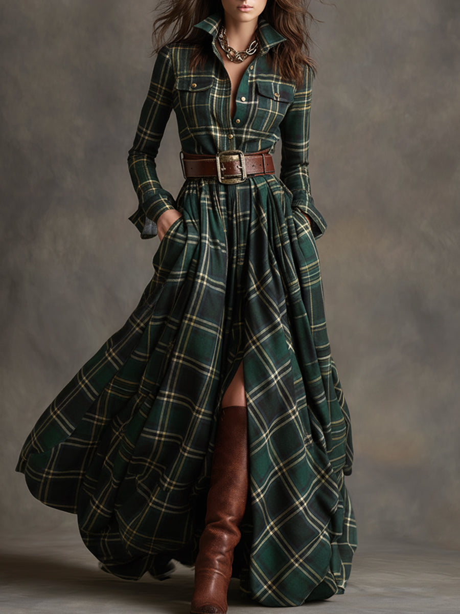 Green plaid button-up shirt dress with belt, long sleeves, chest pockets and slit