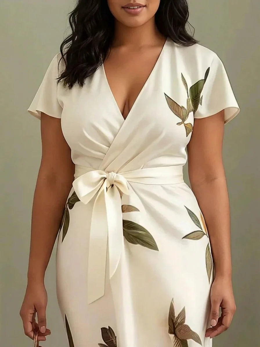 Judy | White Leaf Short Sleeve Satin Midi Dress