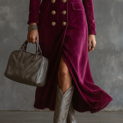 Burgundy velvet blazer dress with gold-button front and side slit, long sleeves