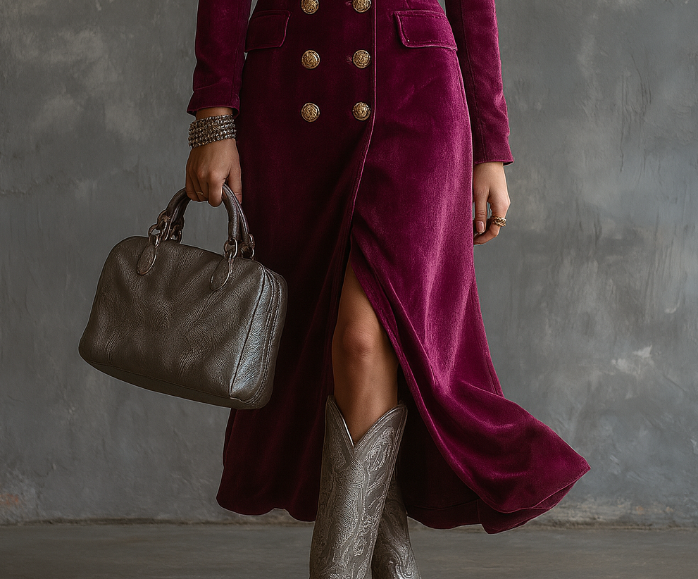Burgundy velvet blazer dress with gold-button front and side slit, long sleeves