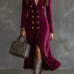 Burgundy velvet blazer dress with gold buttons, long sleeves, and slit hem