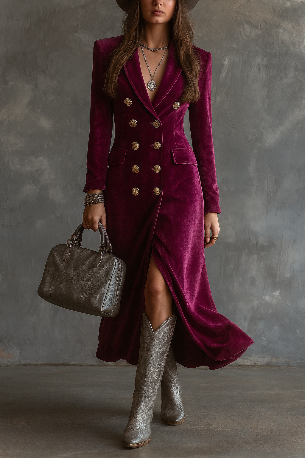 Burgundy velvet blazer dress with gold buttons, long sleeves, and slit hem