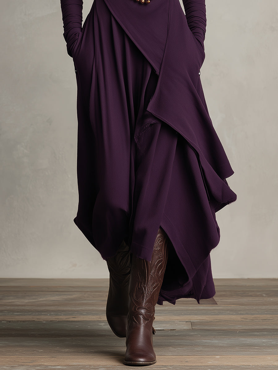 Purple asymmetrical maxi knit dress with draped front panels and uneven hem