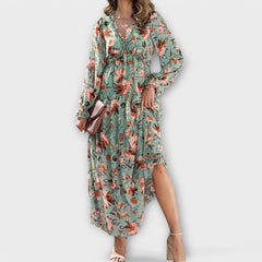 Teal floral tiered maxi dress with V-neck, long sleeves, and side slit
