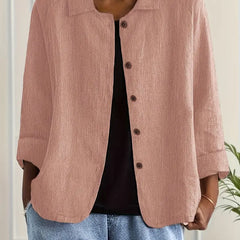 Lightweight button-front top with collar, three-quarter sleeves, dusty pink