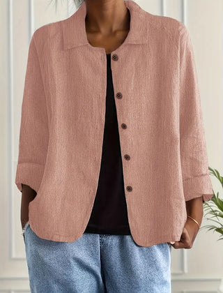Lightweight button-front top with collar, three-quarter sleeves, dusty pink
