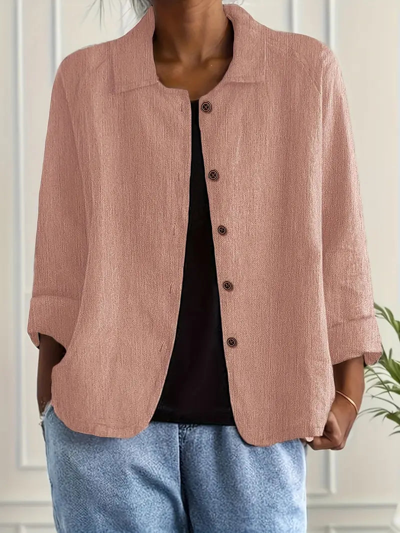 Lightweight button-front top with collar, three-quarter sleeves, dusty pink