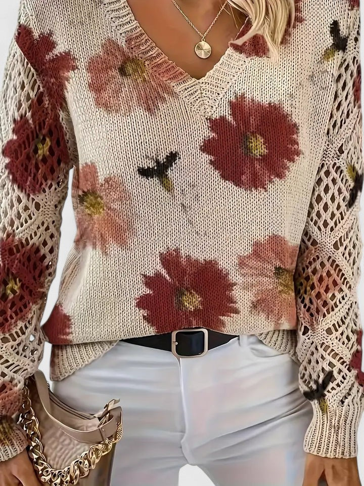 Floral knit V-neck cardigan with long sleeves, off-white with red floral print and openwork