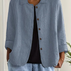 Lightweight button-front top with collar, three-quarter sleeves, medium blue