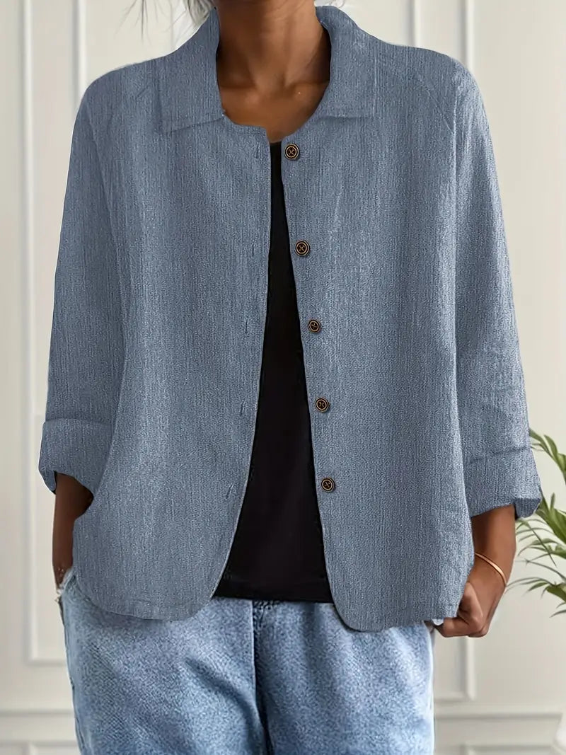 Lightweight button-front top with collar, three-quarter sleeves, medium blue