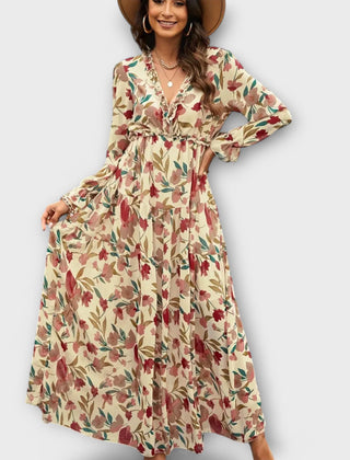 Cream floral maxi dress with V-neck and long puff sleeves
