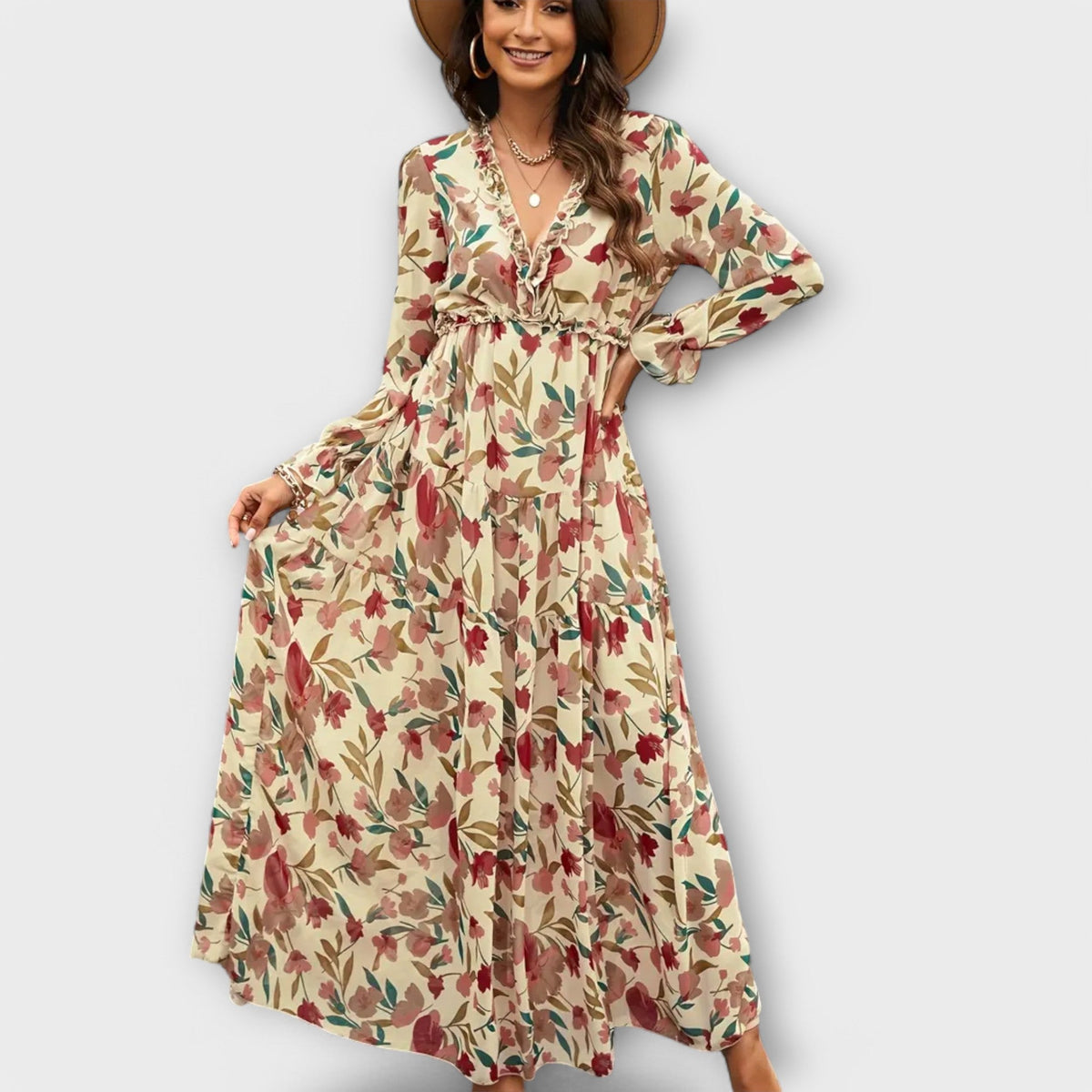 Cream floral maxi dress with V-neck and long puff sleeves