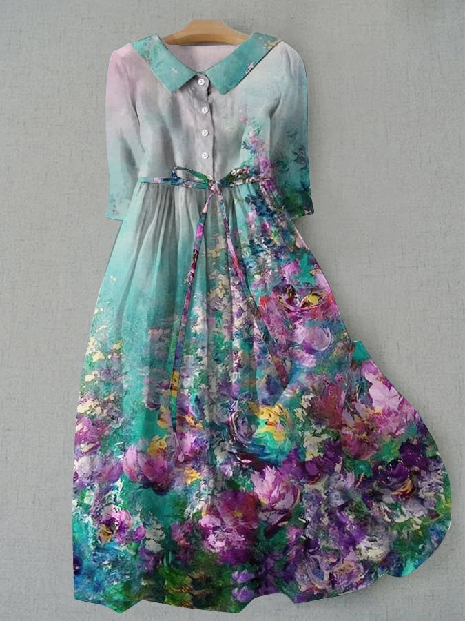 Women’s lace-up waist floral print dress with short sleeves, button front, multicolor blooms