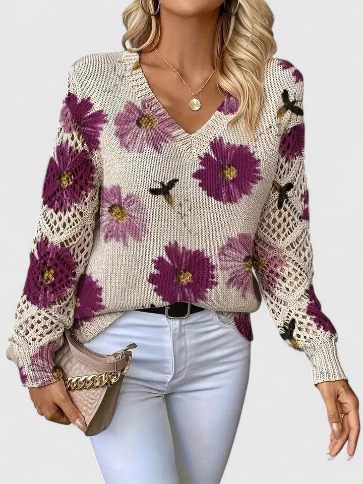 Floral knit V-neck cardigan with long sleeves, off-white base and purple flower pattern