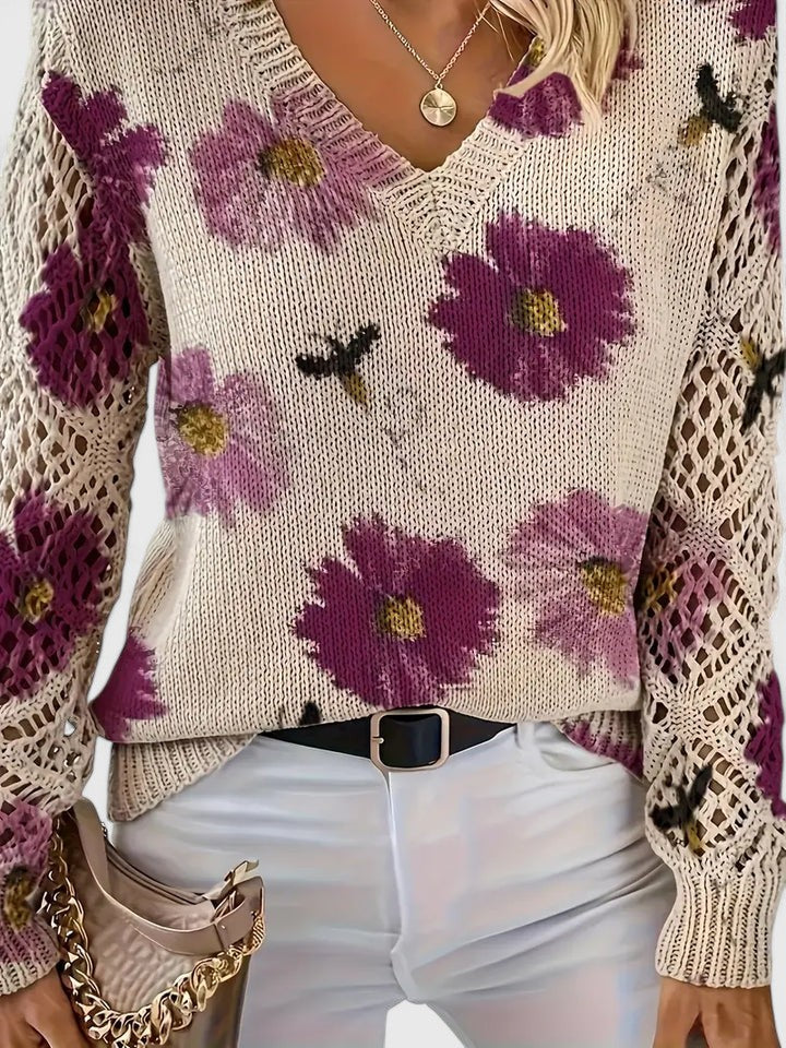 Floral knit V-neck cardigan with long sleeves and openwork lace panels, off-white and purple
