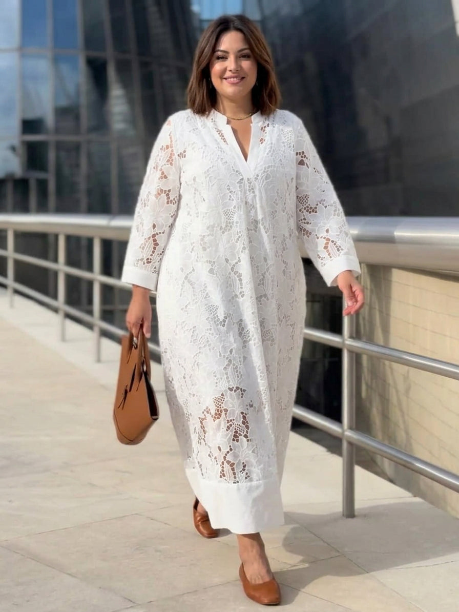 White lace V-neck midi dress, three-quarter elbow sleeves, relaxed shift silhouette