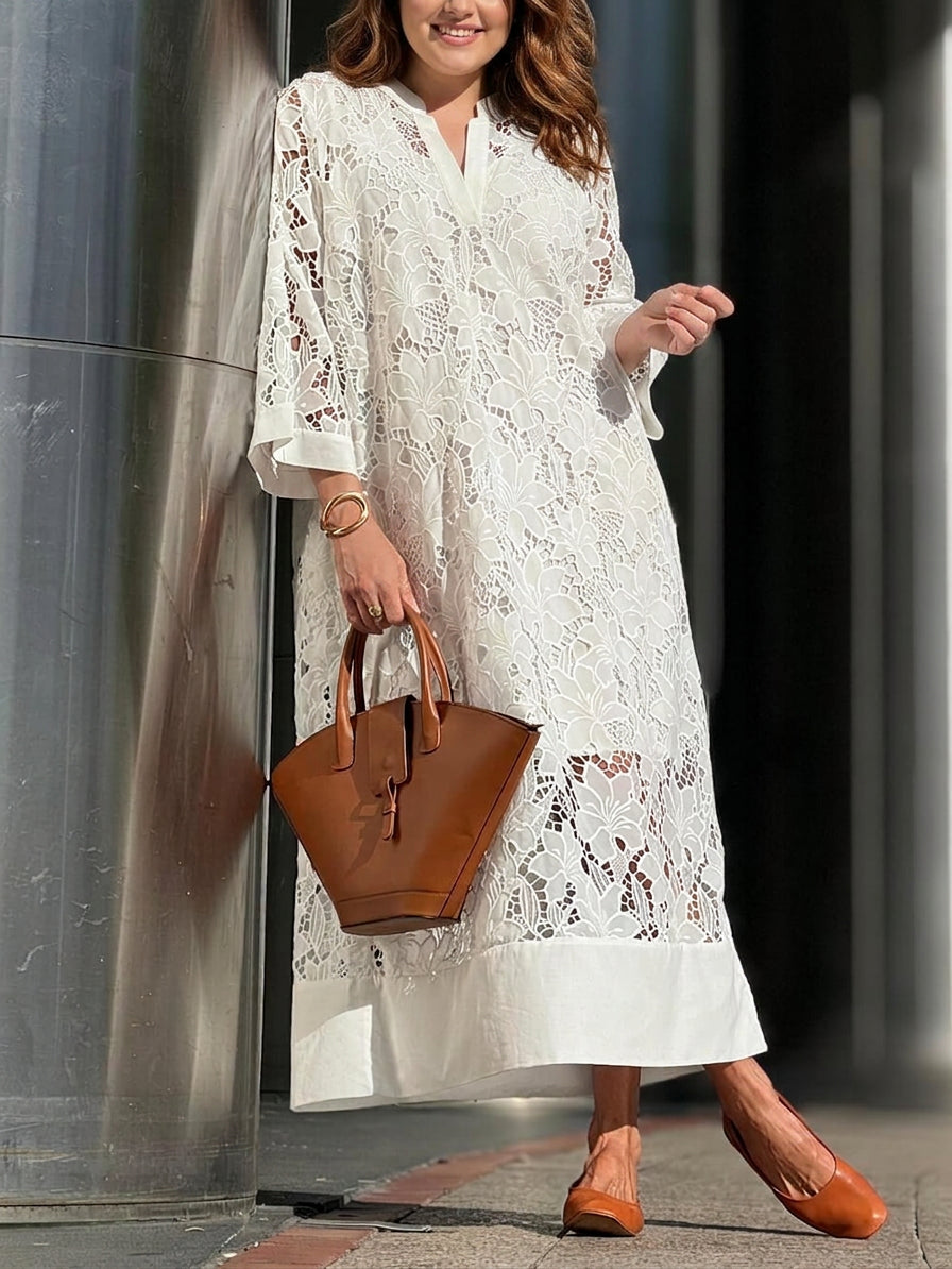 White lace V-neck midi dress with elbow sleeves, flowing relaxed fit