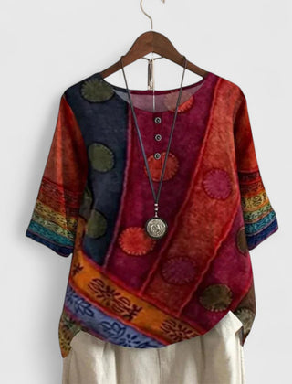 Boho patchwork tunic top with short sleeves, round button placket, red/purple