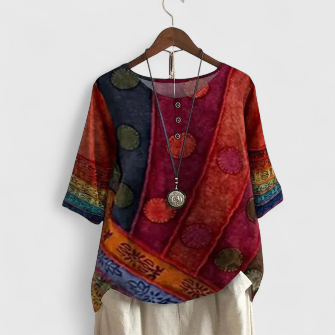 Boho patchwork tunic top with short sleeves, round button placket, red/purple