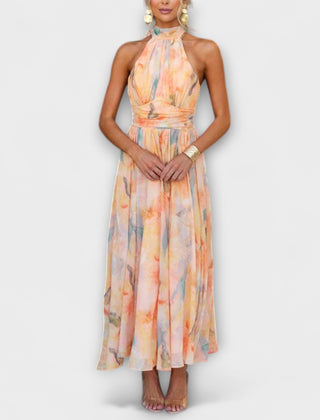 Halter neck midi dress with watercolor orange and blue floral print, sleeveless