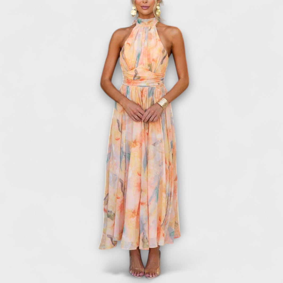 Halter neck midi dress with watercolor orange and blue floral print, sleeveless
