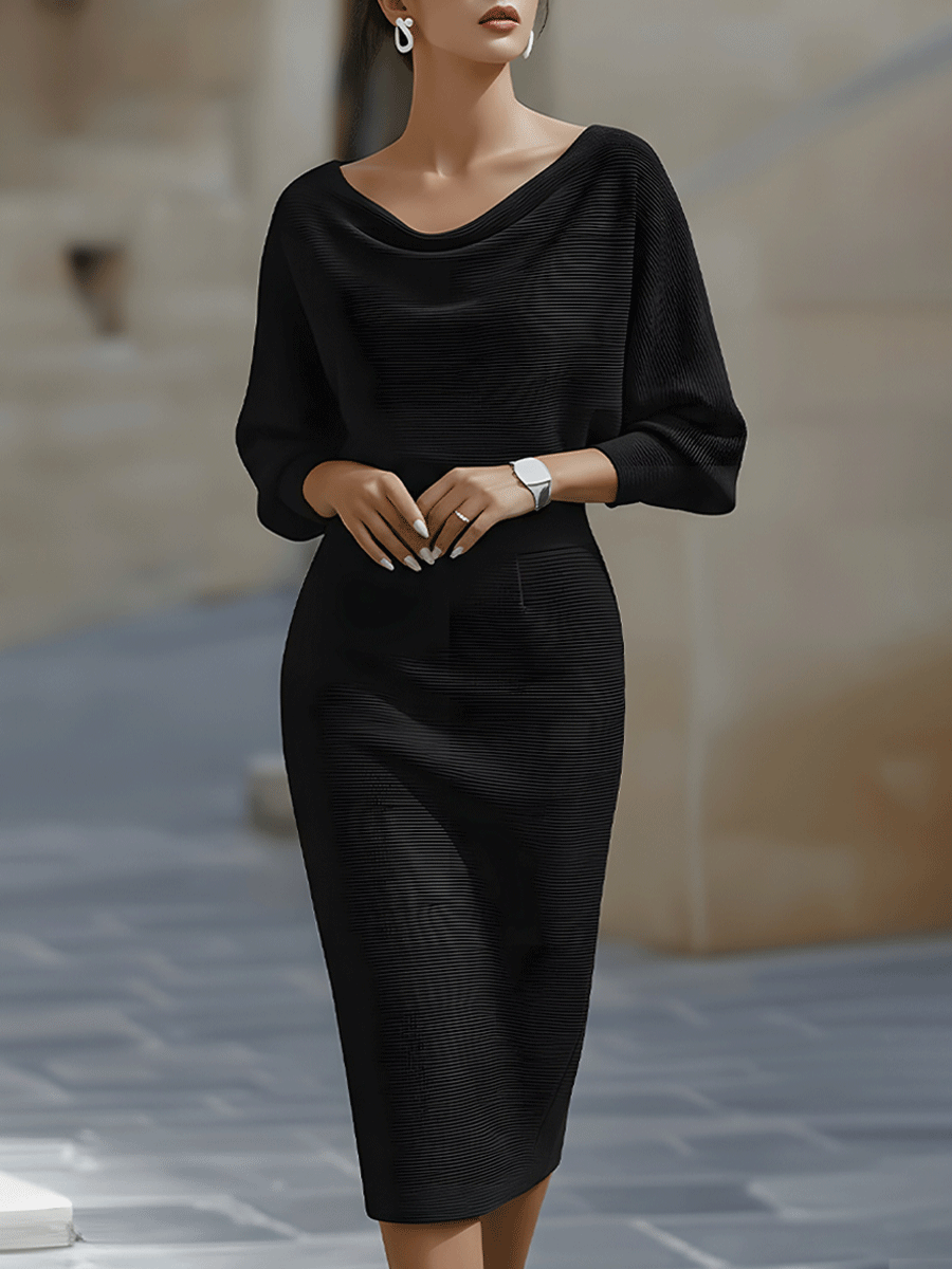 Black draped midi dress with cowl neckline and loose elbow-length sleeves