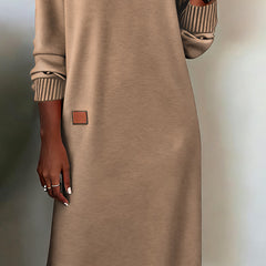 Beige comfortable V-neck midi dress with square chest patch and ribbed sleeve cuffs