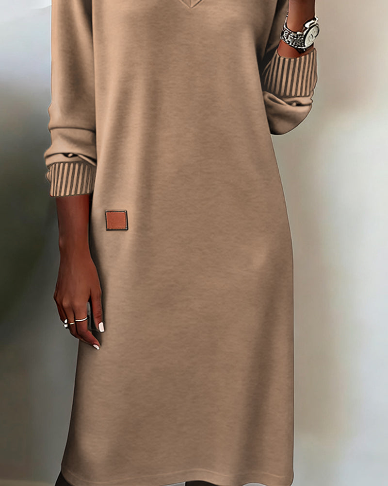 Beige comfortable V-neck midi dress with square chest patch and ribbed sleeve cuffs