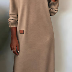 Brown V-neck knit midi dress, square side patch and ribbed striped cuffs