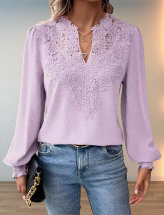 Lavender embroidered lightweight blouse with V-neck button placket and long puff sleeves