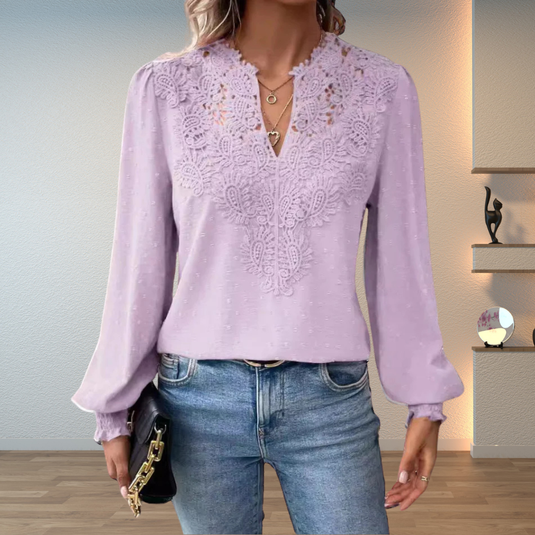 Lavender embroidered lightweight blouse with V-neck button placket and long puff sleeves