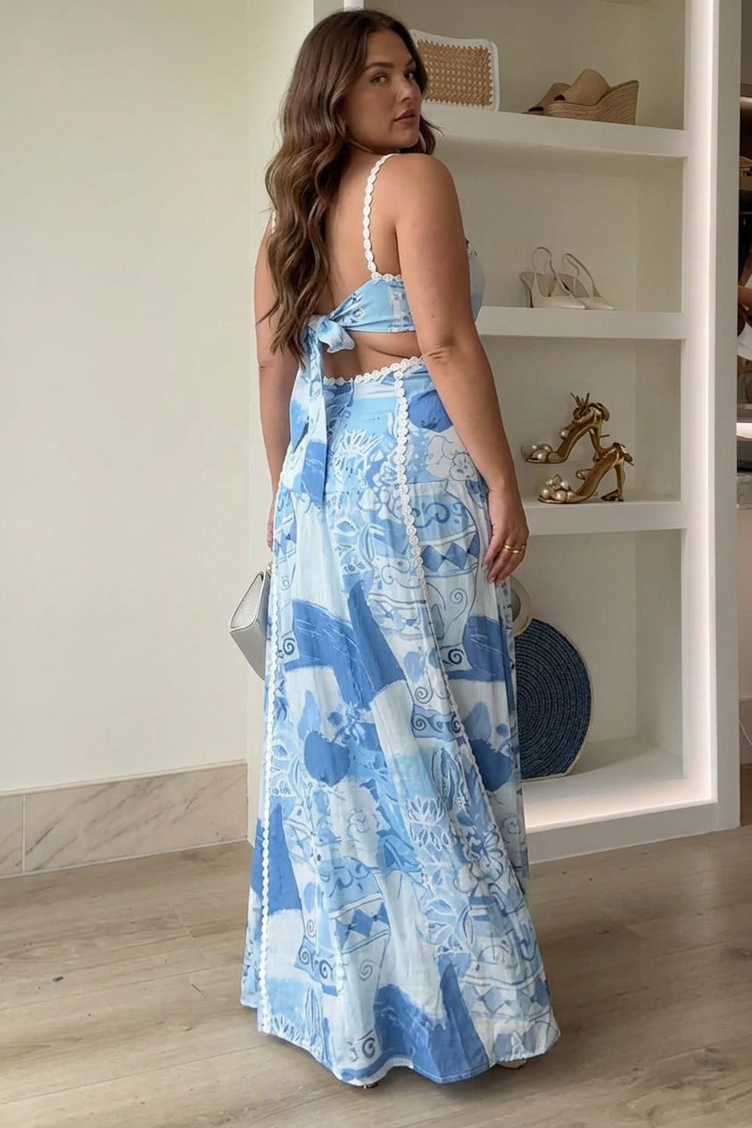 Eleonore | Ric Rac Strap Bow Back Printed Maxi Dress