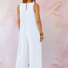 White wide-leg sleeveless jumpsuit with V-back and keyhole opening