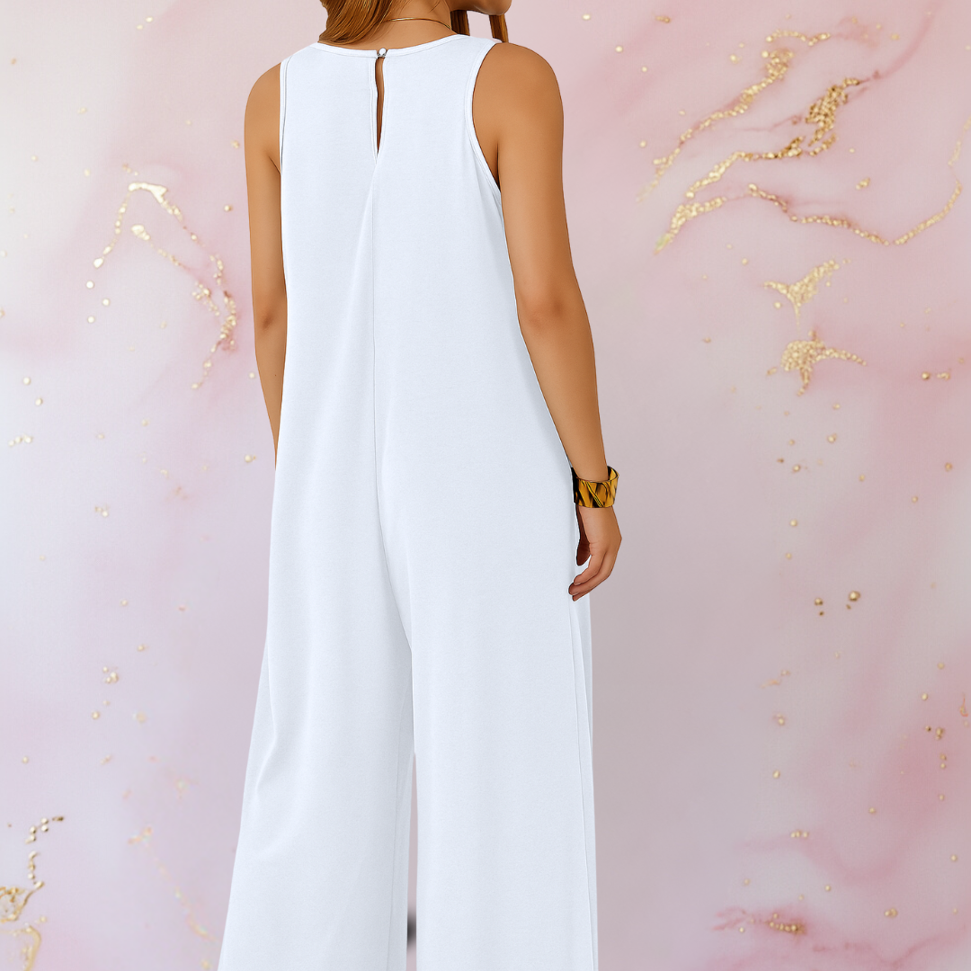 White wide-leg sleeveless jumpsuit with V-back and keyhole opening