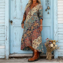 Multicolor floral midi dress with long sleeves and relaxed A-line flowy shape