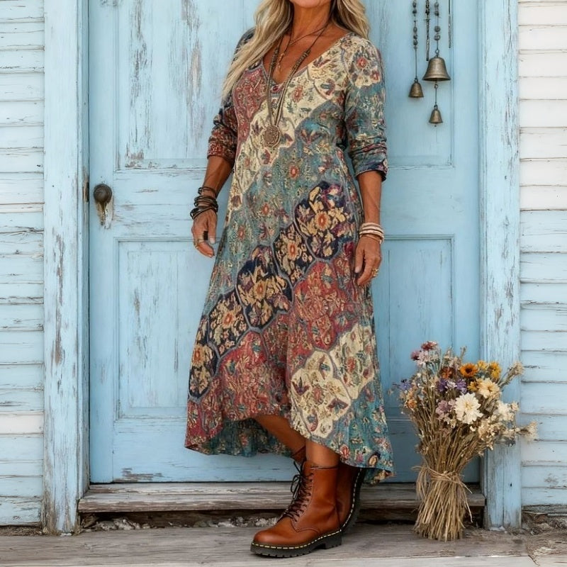 Multicolor floral midi dress with long sleeves and relaxed A-line flowy shape
