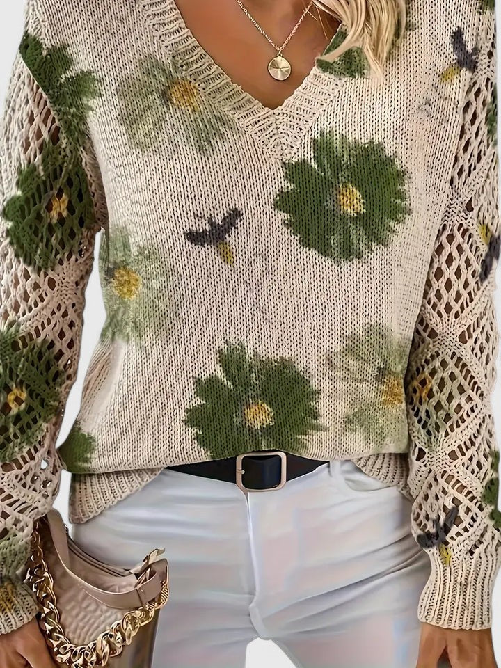 Floral knit V-neck cardigan with long sleeves, off-white base and green flower pattern