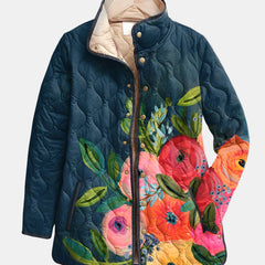 Quilted floral print jacket with navy base and button front