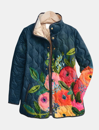 Quilted floral print jacket with navy base and button front