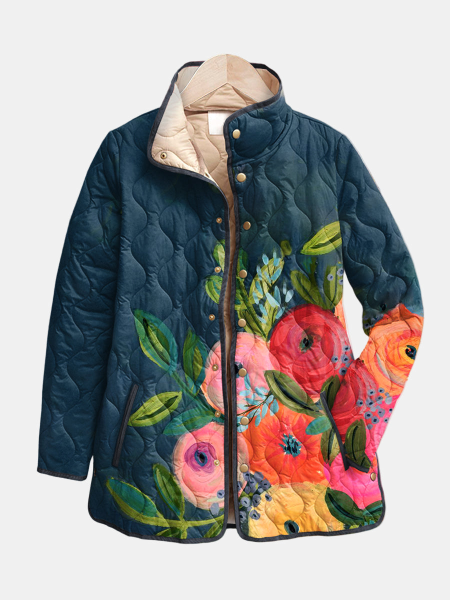 Quilted floral print jacket with navy base and button front