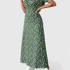Maxi casual dress, green floral print with short puff sleeves