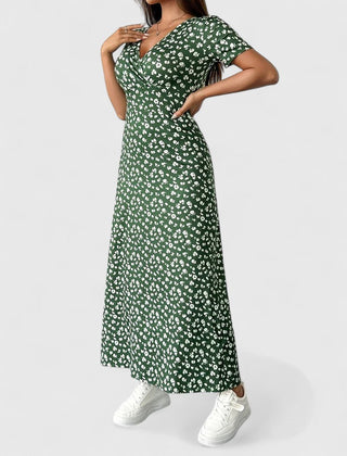 Maxi casual dress, green floral print with short puff sleeves