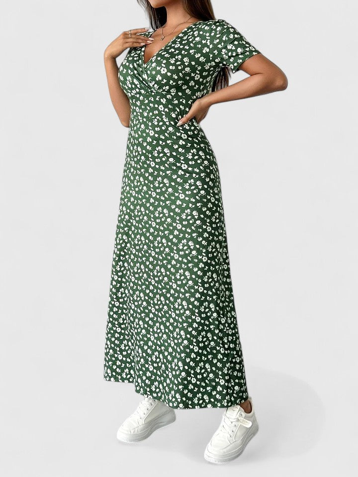 Maxi casual dress, green floral print with short puff sleeves