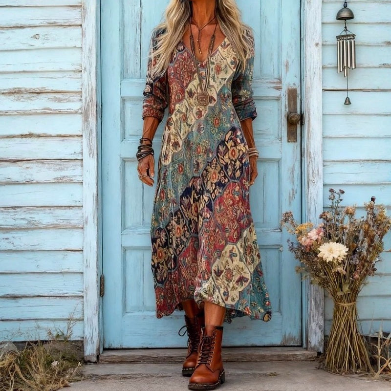 Boho floral patchwork midi dress, relaxed fit, long sleeves, V-neck