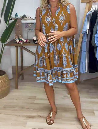 Caramel-brown V-neck sleeveless dress with flared hem and blue-and-white print