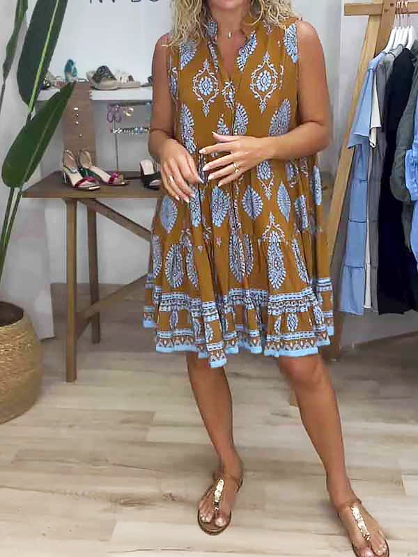 Caramel-brown V-neck sleeveless dress with flared hem and blue-and-white print