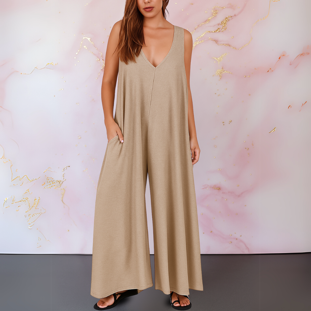 Khaki wide-leg sleeveless jumpsuit with V-neck and relaxed wide legs