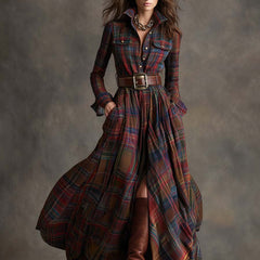 Red plaid button-up shirt dress with belt, long sleeves, chest pockets and slit
